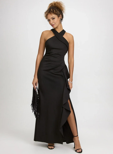 Ruffled Sheath Halter Neck Satin Wedding Guest Dress Floor-Length Gown with Slit