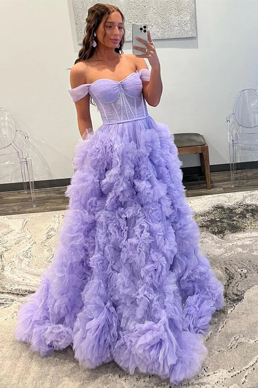 Ruffled Tulle Ball Gown Sweetheart Off-Shoulder Floor-Length Prom Gown