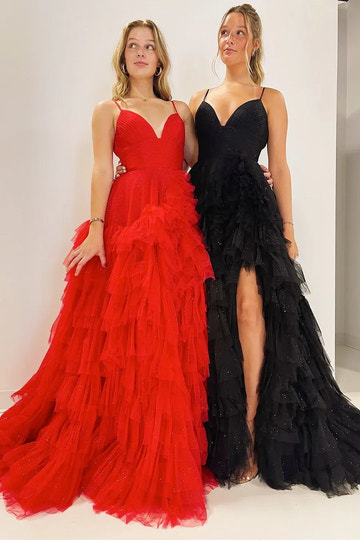 Ruffled Tulle Ball Gown V-Neck Sleeveless Floor-Length Prom Gown