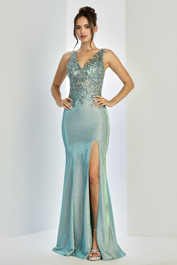 Radiant Champagne Mermaid V-Neck Sleeveless Shimmer Knit Lace Appliqué Evening Gown