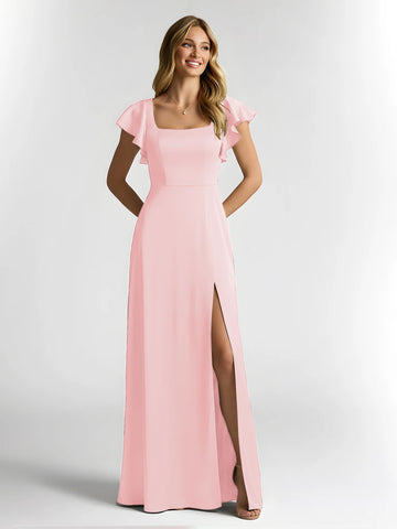 Square Neck Flutter Sleeve Satin A-Line Bridesmaid Maxi Dress with Slit