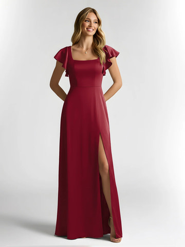 Square Neck Flutter Sleeve Satin A-Line Bridesmaid Maxi Dress with Slit