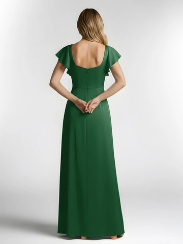 Square Neck Flutter Sleeve Satin A-Line Bridesmaid Maxi Dress with Slit