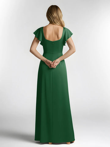 Square Neck Flutter Sleeve Satin A-Line Bridesmaid Maxi Dress with Slit