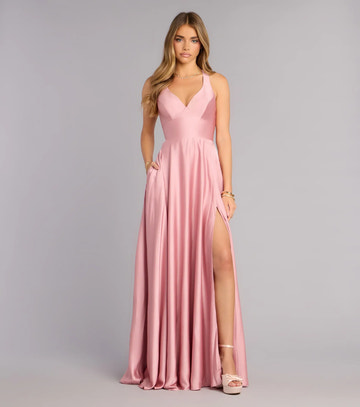 Elegante Vestido de Fiesta Largo con Escote Halter en V, Corte A, Satén, Abertura y Espalda Descubierta
