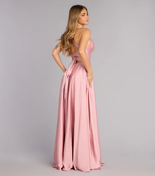 Elegant Satin A-Line Halter V-Neck Slit Backless Prom Dress Formal Evening Dress