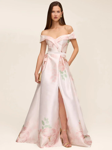 Elegant Satin A-Line Off-The-Shoulder Floral Ball Gown Slit Prom Dress With Pocket