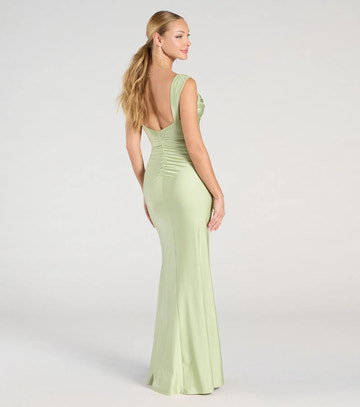 Elegant Satin Mermaid Cowl Neck Ruched Slit Maxi Dress Formal Evening Dress