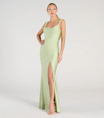 Elegant Satin Mermaid Cowl Neck Ruched Slit Maxi Dress Formal Evening Dress