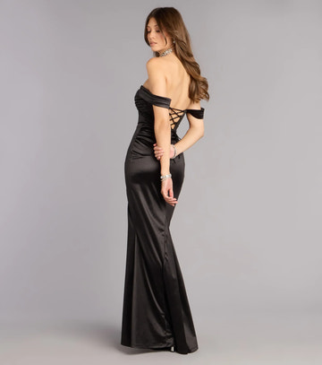 Elegant Satin Mermaid Off Shoulder Corset Beaded Slit Evening Dress
