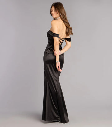 Elegant Satin Mermaid Off Shoulder Corset Beaded Slit Evening Dress