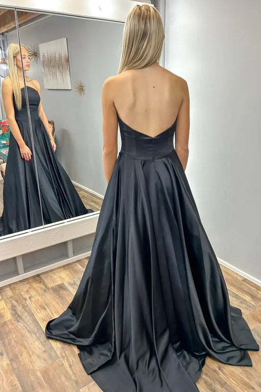 Satin Ball Gown Strapless Sleeveless Backless Floor-Length Prom Dress