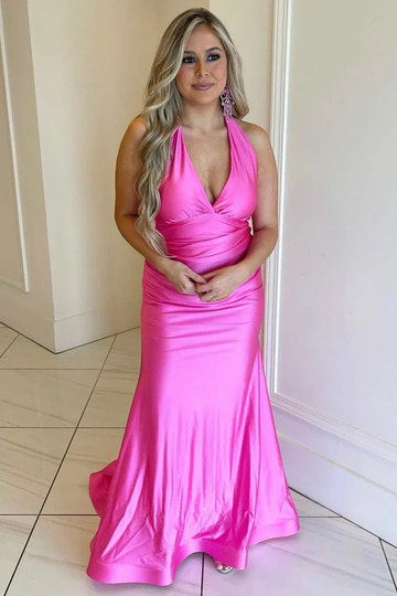 Satin Mermaid Halter Neck Backless Bow Floor-Length Prom Gown