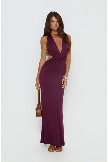 Sculpting Mermaid Deep V Halter Sleeveless Cross Wrap Waist Side Cutout Twisted Open Back Floor-Length Maxi Evening Dress