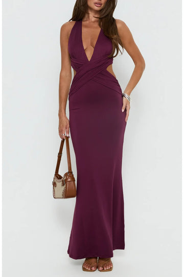 Sculpting Mermaid Deep V Halter Sleeveless Cross Wrap Waist Side Cutout Twisted Open Back Floor-Length Maxi Evening Dress