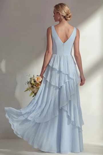 Vedress dusty blue chiffon bridesmaid dress with V-back design and layered ruffle maxi skirt back view