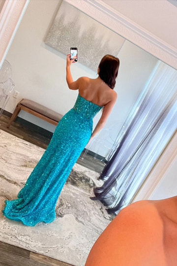 Vestido de gala maxi sirena con lentejuelas, escote corazón, paneles de malla sin tirantes y abertura