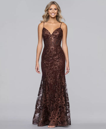 Sequin Glitter Lace Mermaid Corset V-Neck Floor-Length Evening Gown