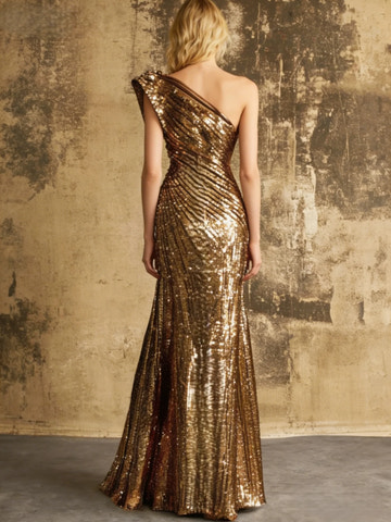 Ruched Sequin Mermaid One Shoulder Floor-Length Sparkle Christmas Party Evening Dress