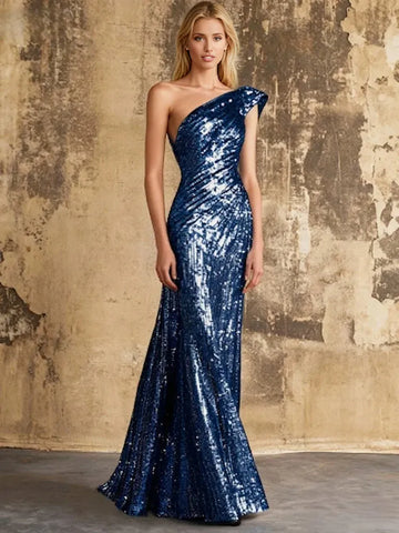 Vestido de noche de sirena con lentejuelas, fruncidos, un hombro, largo hasta el suelo, brillante, para fiesta de Navidad