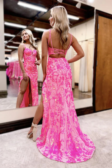Vestido de fiesta glamuroso con lentejuelas, tirantes finos, corsé y abertura, corte sirena