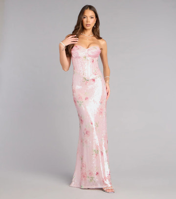Sequin Mermaid Strapless Floral Corset Maxi Dress Formal Evening Dress