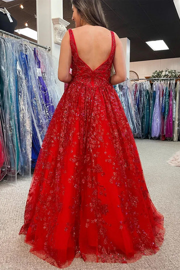 Sequin Lace Ball Gown V-Neck Sleeveless Backless Floor-Length Prom Gown