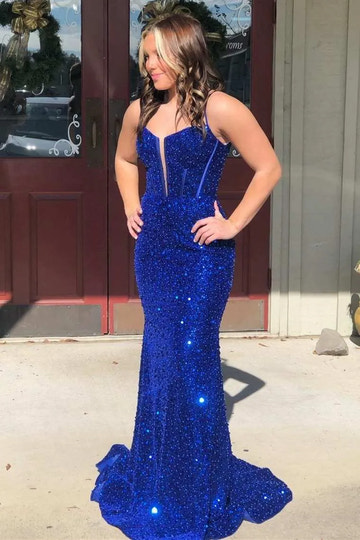 Sequin Mermaid Sweetheart Sleeveless Backless Floor-Length Prom Gown