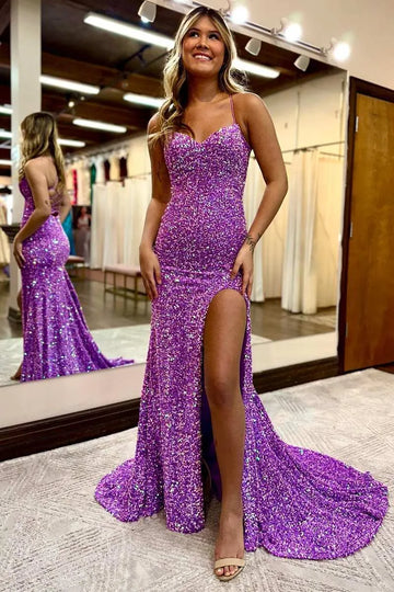 Sequin Mermaid Sweetheart Sleeveless Lace-Up Floor-Length Prom Gown