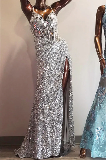 Vestido de fiesta largo sin mangas con cuello en V, lentejuelas, sirena y abertura alta