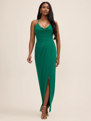 Sheath Cowl Neck Crepe Floor Length Wrap Slit Maxi Dress