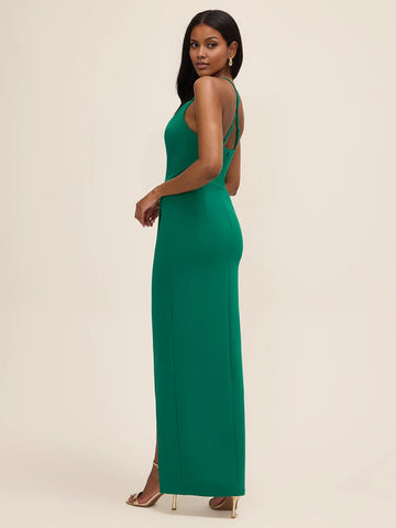 Sheath Cowl Neck Crepe Floor Length Wrap Slit Maxi Dress