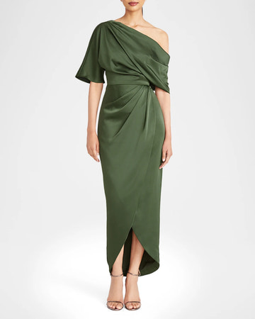 Sheath One Shoulder Satin Midi Wrap Ruched Formal Wedding Guest Dress