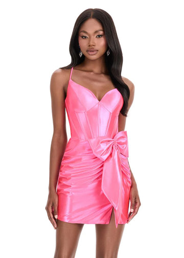 Sheath Sweetheart Satin Corset Mini Homecoming Dress Bow Cocktail Dress