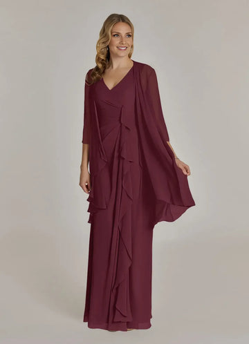 Sheath V Neck Chiffon Mother of the Bride Dress Floor Length Ruffle Formal Maxi Dress