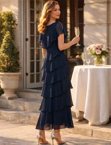 Navy A-Line V Neck Flutter Sleeve Tiered Back Floor Length Mother Of The Bride Dress