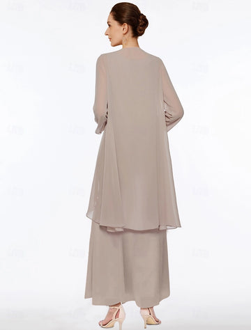 Taupe A-Line Scoop Neck 3/4 Sleeve Plain Back Maxi Mother Of The Bride Dress