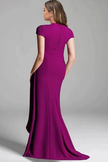 Slim Mermaid Stand Collar Short Sleeve Zip Back Floor Length Mother Of The Bride Dress