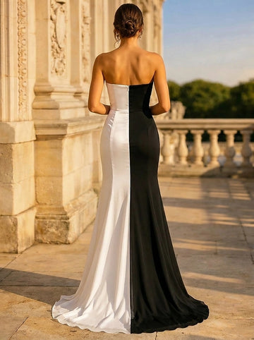 Vedress color block formal gown zipper back design split black white long train rear view