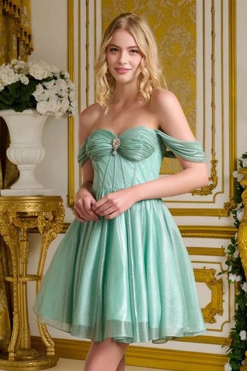 Vestido de corsé de fiesta brillante con hombros descubiertos y corte en A