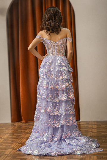 Shimmering Off-the-Shoulder Layered Sequined Formal Gown Sheer Corset Bodice Prom Dress with Slit