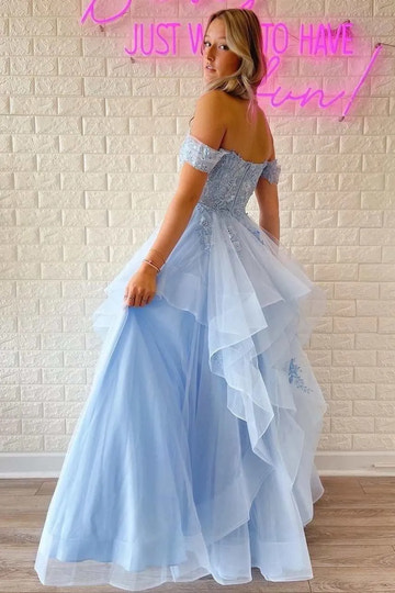 Sky Blue Lace Tulle A-Line Sweetheart Off Shoulder Backless Maxi Prom Gown