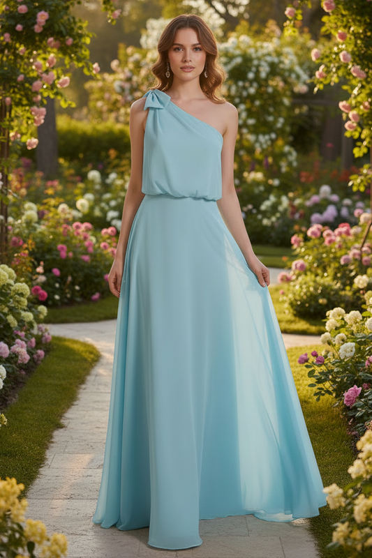 One-Shoulder Chiffon Bridesmaid Dress Flowy Floor-Length Evening Gown Bow Detail Flowing A-Line Dresses