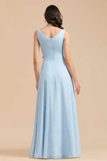 A-line V-Neck Ruffle Chiffon Sleeveless Formal Floor length Bridesmaid Dress With Rhinestone Details