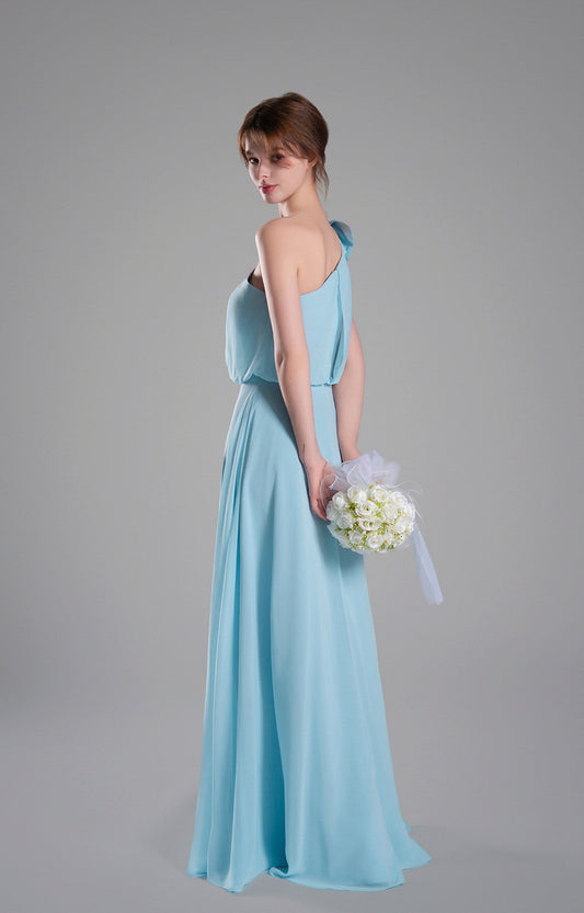 One-Shoulder Chiffon Bridesmaid Dress Flowy Floor-Length Evening Gown Bow Detail Flowing A-Line Dresses
