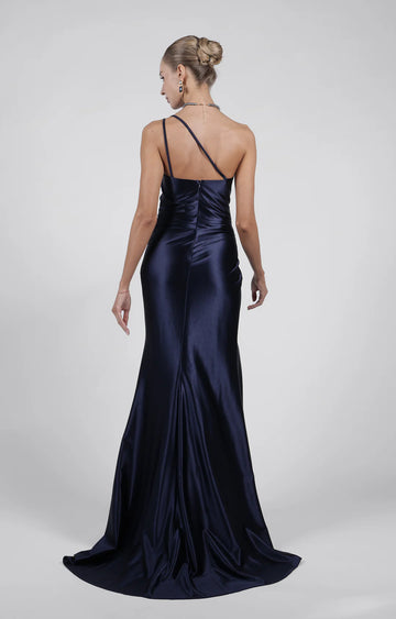Sleek Mermaid Asymmetrical Sleeveless Satin Floor-Length HighSlit Evening Dress