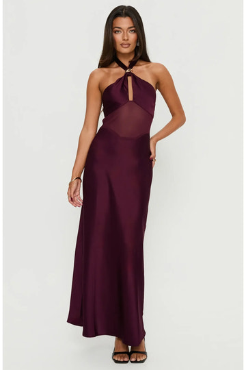Sleek BodycoSleek Bodycon Halter Neck Sleeveless Satin Metal Ring Keyhole Mesh Cutout Back Tie Maxi Evening Dressn Halter Neck Sleeveless Satin Metal Ring Keyhole Mesh Cutout Back Tie Maxi Evening Dress