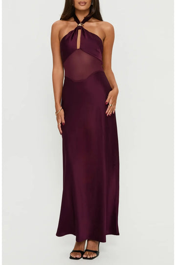 Sleek BodycoSleek Bodycon Halter Neck Sleeveless Satin Metal Ring Keyhole Mesh Cutout Back Tie Maxi Evening Dressn Halter Neck Sleeveless Satin Metal Ring Keyhole Mesh Cutout Back Tie Maxi Evening Dress