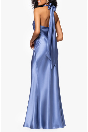 Sleek Mermaid Cowl Halter Sleeveless Satin Self Tie Bow Open Back Floor-Length Maxi Evening Dress