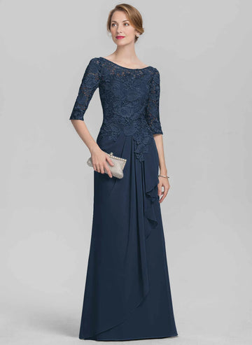 Vedress navy sheath mother of the bride dress, bateau neck lace elbow sleeves, draped chiffon skirt, zip‑back floor gown